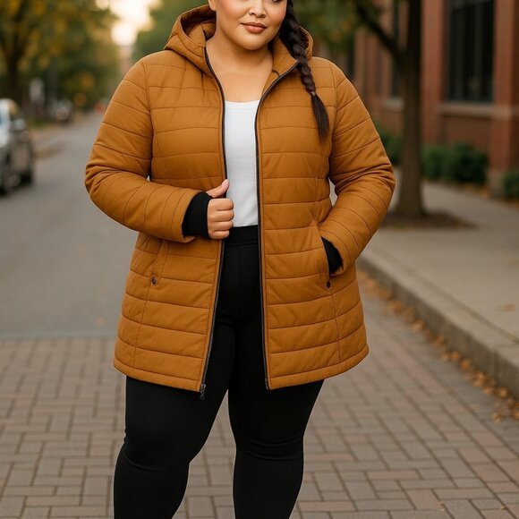 HFX Quilted Puffer Coat 2X Jacket Plus XXL Camel Tan Lightweight 3/4 Length - Picture 16 of 16